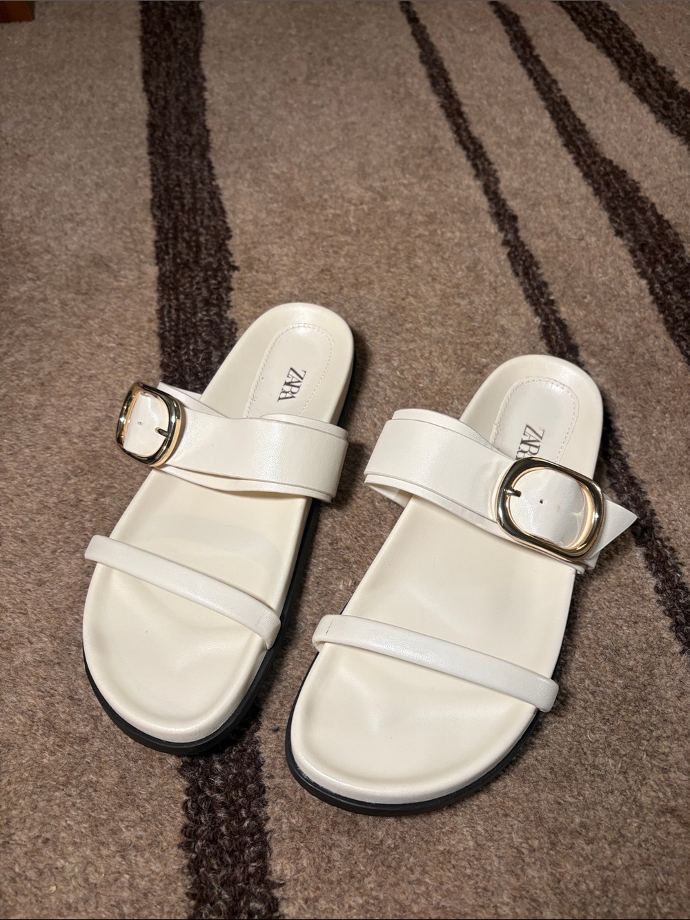 Zara Ivory Slide Sandals with Gold Buckle Detail